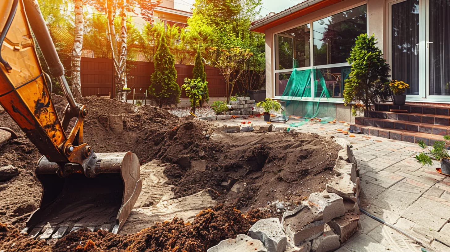 Excavator performing earthworks for landscape preparation