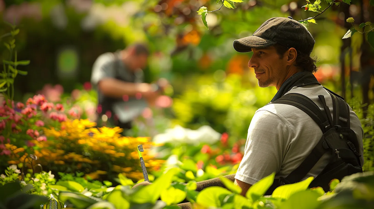 Gardener maintaining healthy plants and pruning shrubs