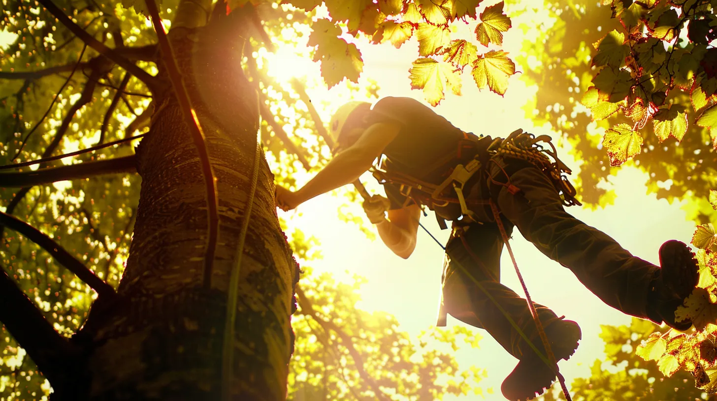 Professional arborist safely pruning large tree branches